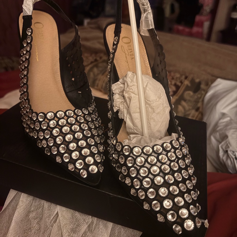 Embellished Black Pointed Slingback Heels